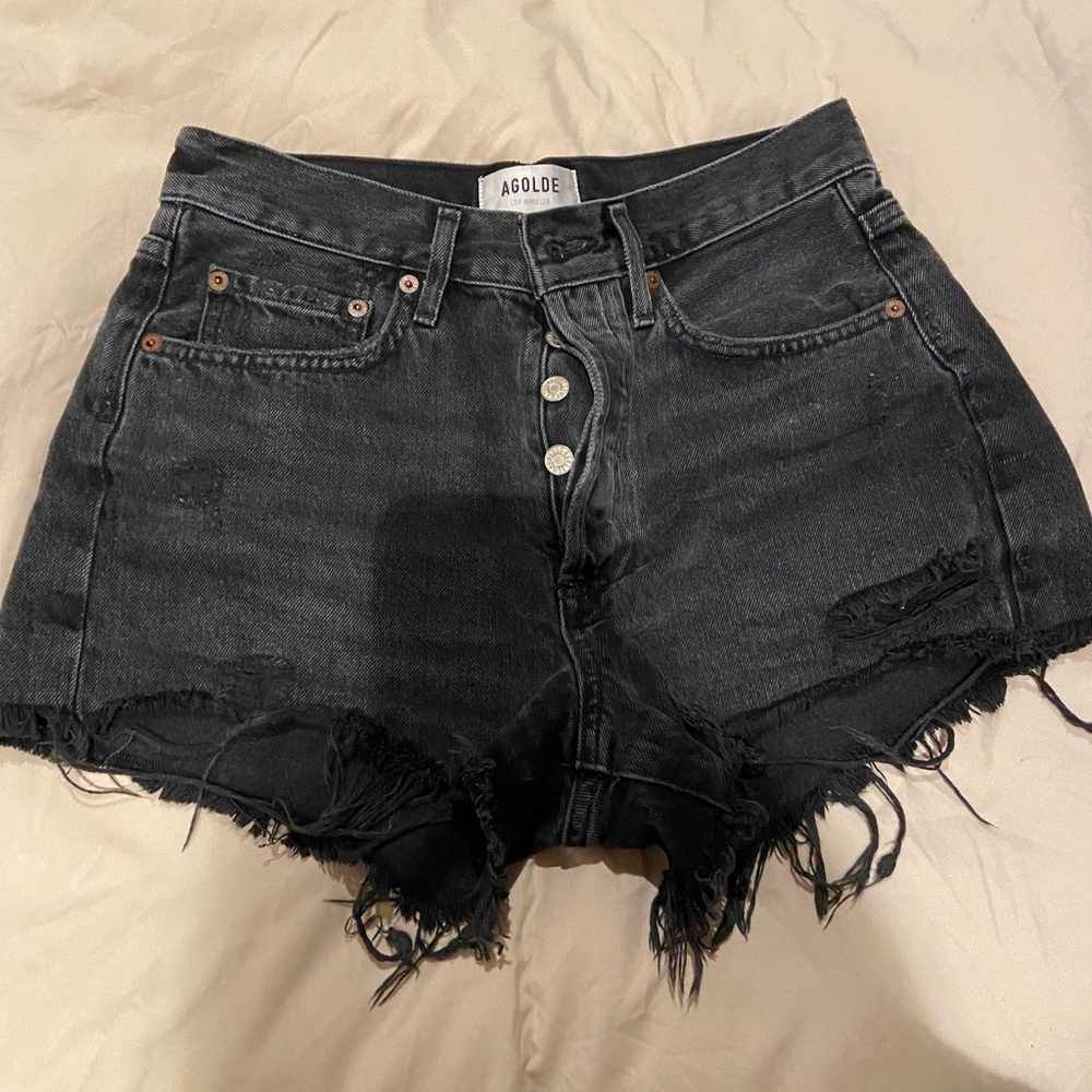 Agolde Parker washed black distressed shorts 25